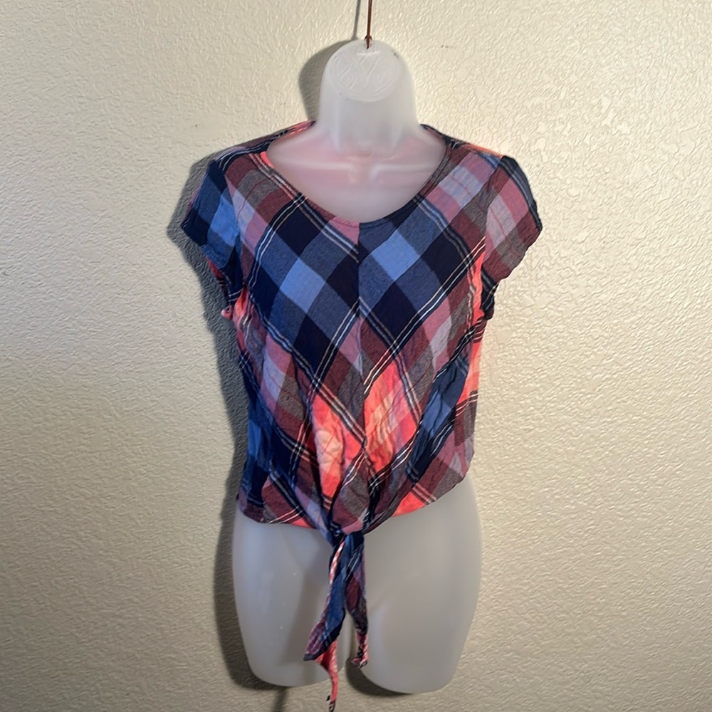 Great Northwest Indigo M plaid coral blue navy purple picnic lined tie at waist